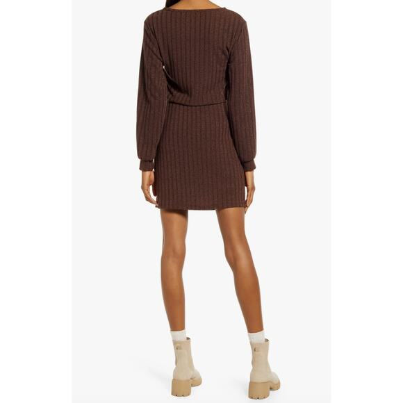 Fraiche by J Chocolate Brown Ribbed Knit Tie Front Long Sleeve Dress Size M - Picture 6 of 10